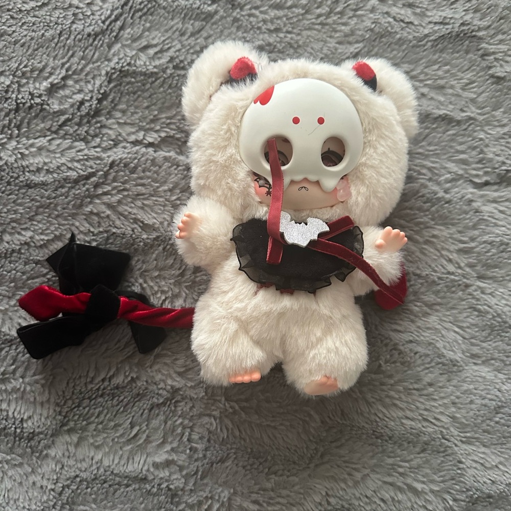 Plush Bear Doll with Mask and Red Accents